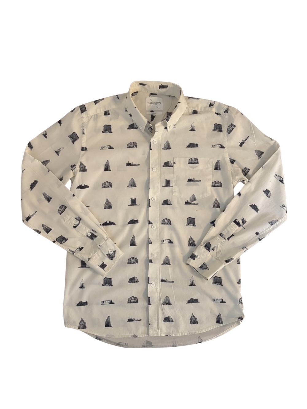 Saturdays Button-Down White Printed Buildings Shirt